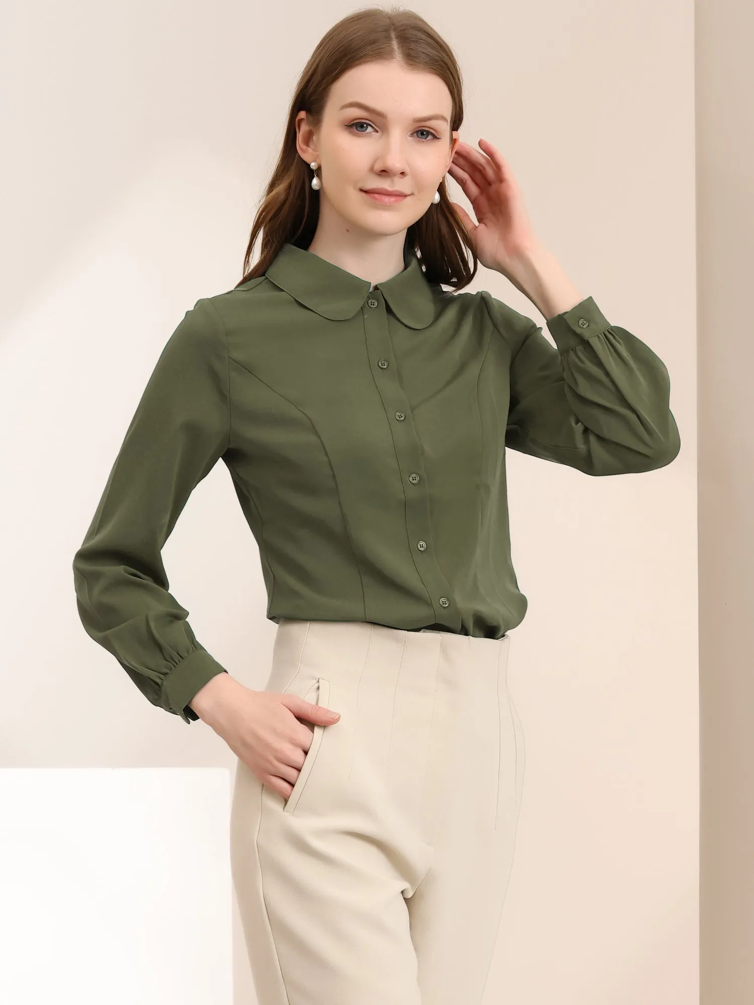 Button Up Peter Pan Collar Long Bishop Sleeve Blouse sold by Allegra K product image thumbnail 5