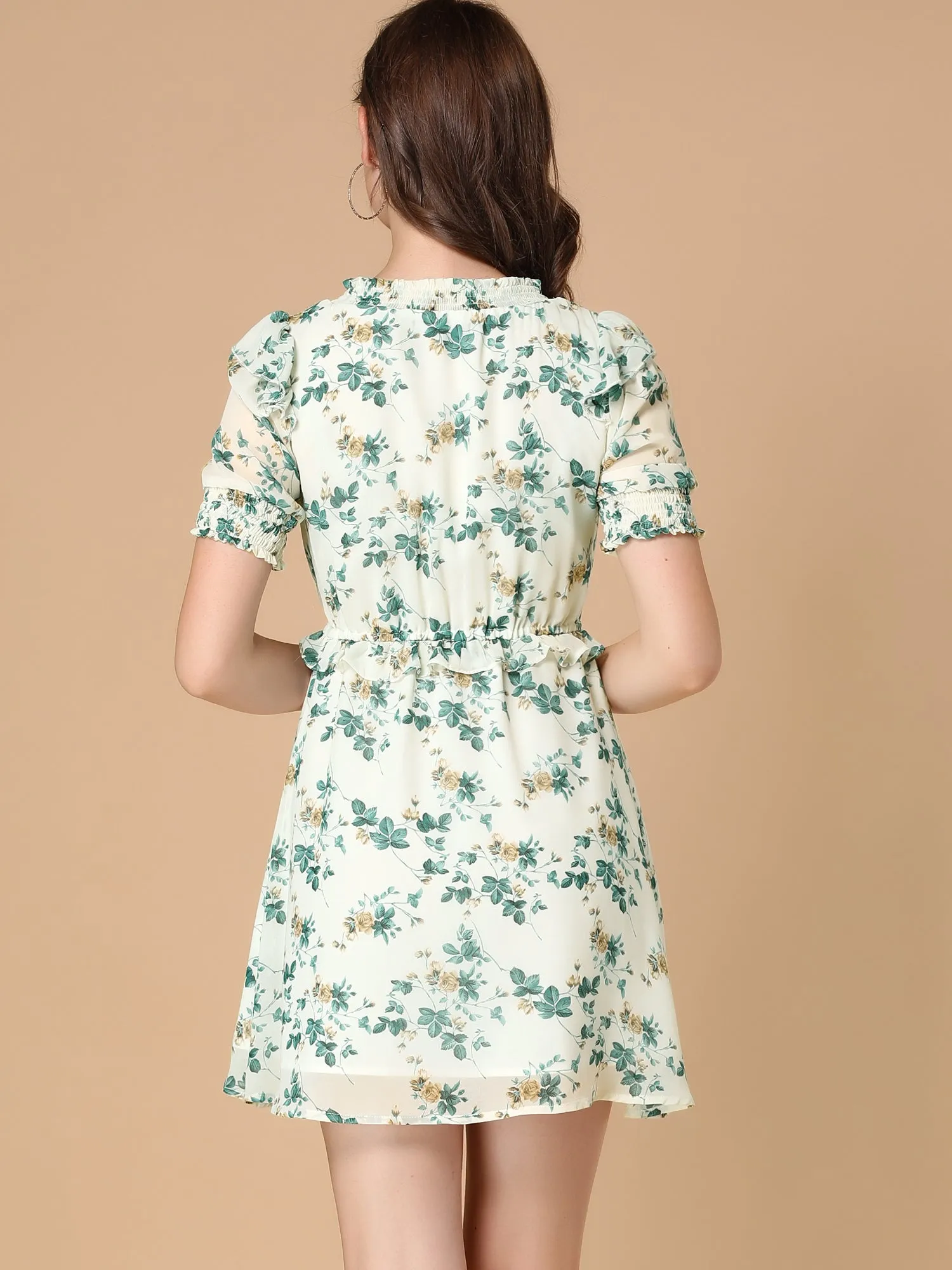 Smocked V Neck Short Sleeve Ruffle Elastic Waist Mini Floral Dress sold by Allegra K product image thumbnail 4