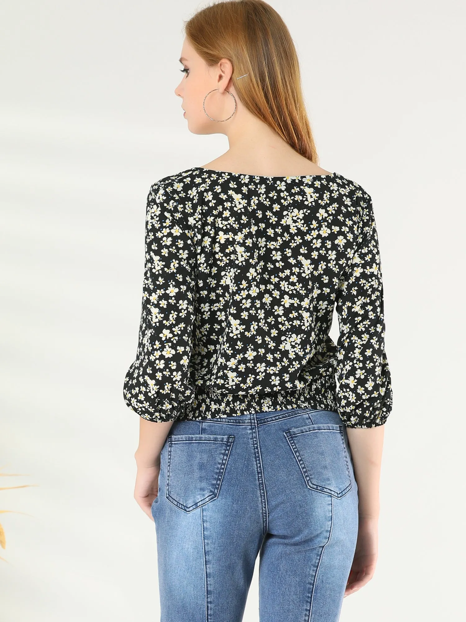 Tie Front 3/4 Sleeve V Neck Smocked Hem Floral Blouse sold by Allegra K product image thumbnail 4