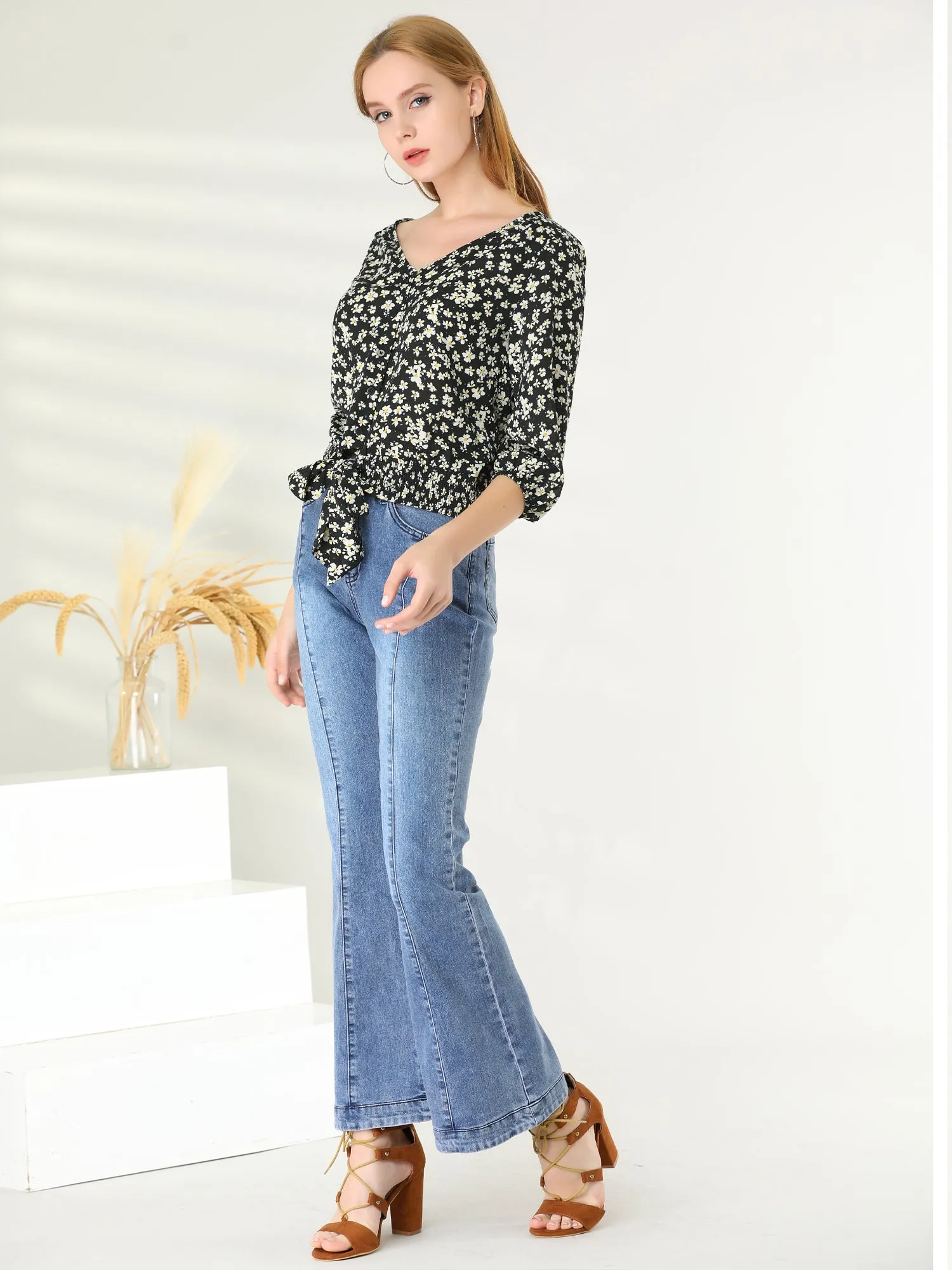 Tie Front 3/4 Sleeve V Neck Smocked Hem Floral Blouse sold by Allegra K product image thumbnail 3