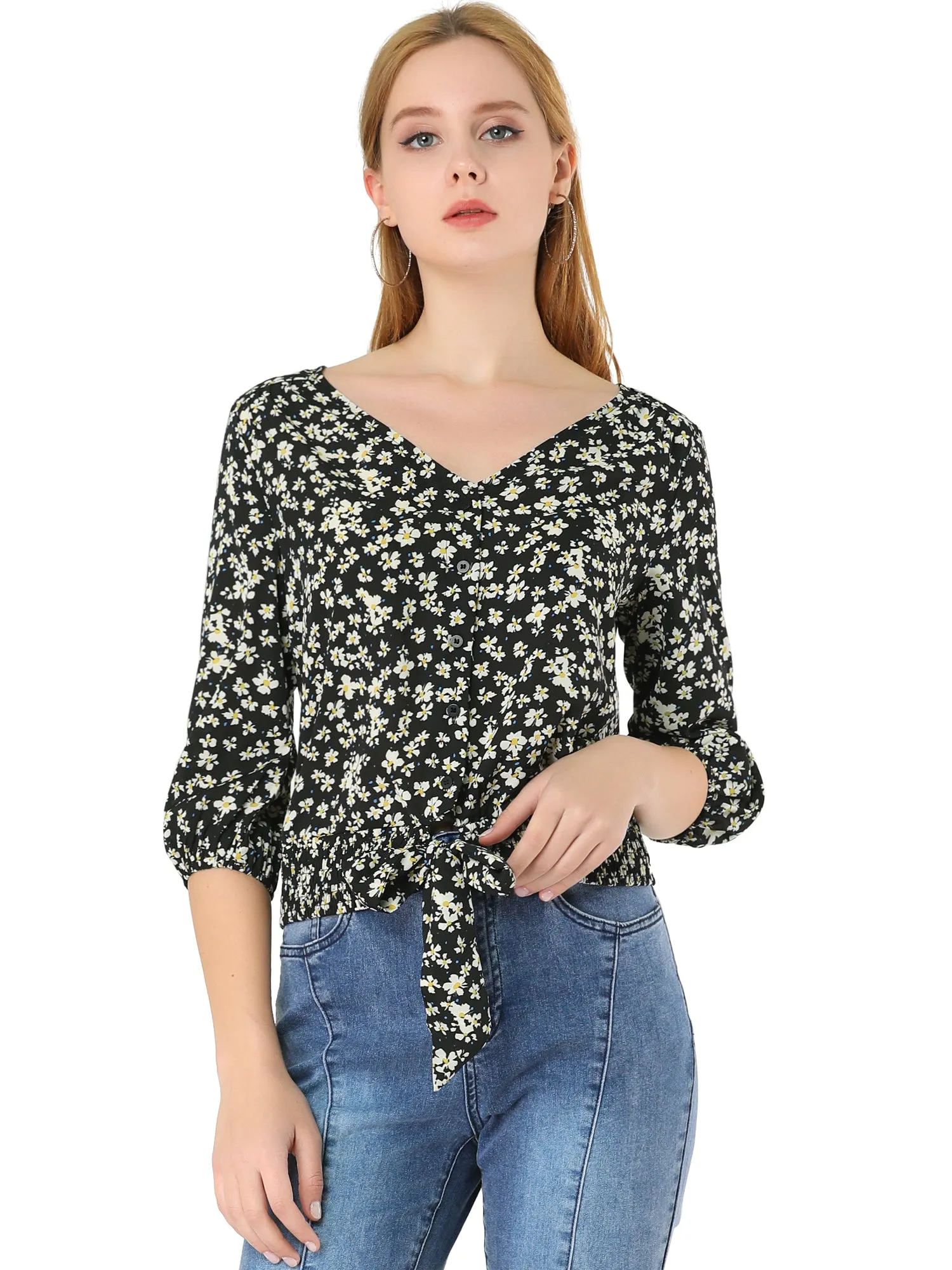 Tie Front 3/4 Sleeve V Neck Smocked Hem Floral Blouse sold by Allegra K product image thumbnail 2