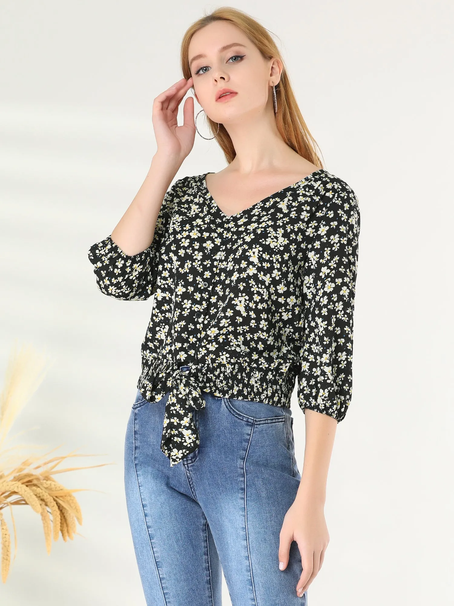 Tie Front 3/4 Sleeve V Neck Smocked Hem Floral Blouse sold by Allegra K