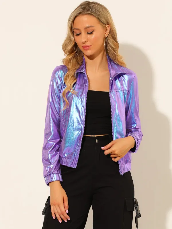 Holographic Long Sleeve Lightweight Zipper Metallic Jacket sold by Allegra K