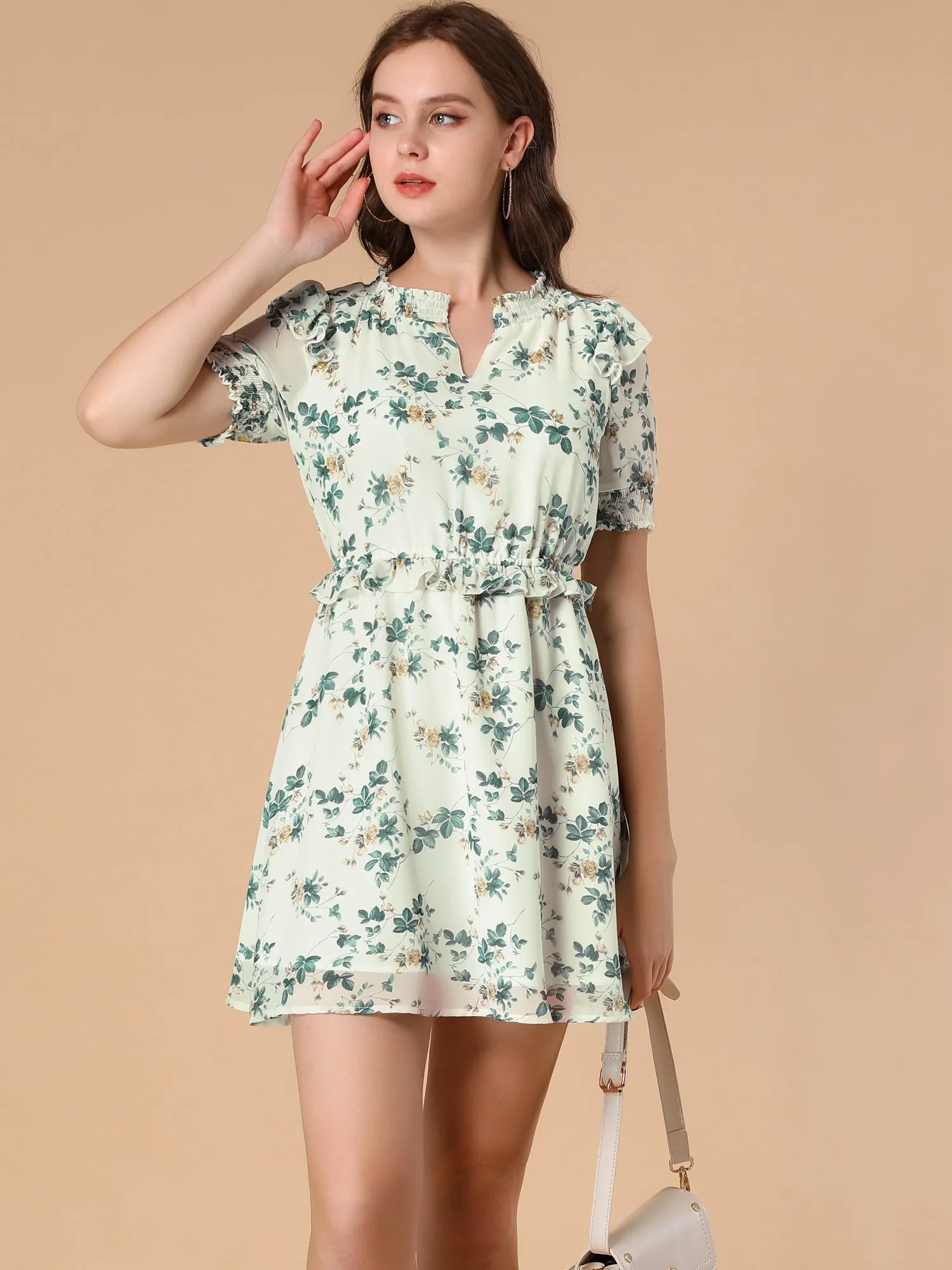 Smocked V Neck Short Sleeve Ruffle Elastic Waist Mini Floral Dress sold by Allegra K