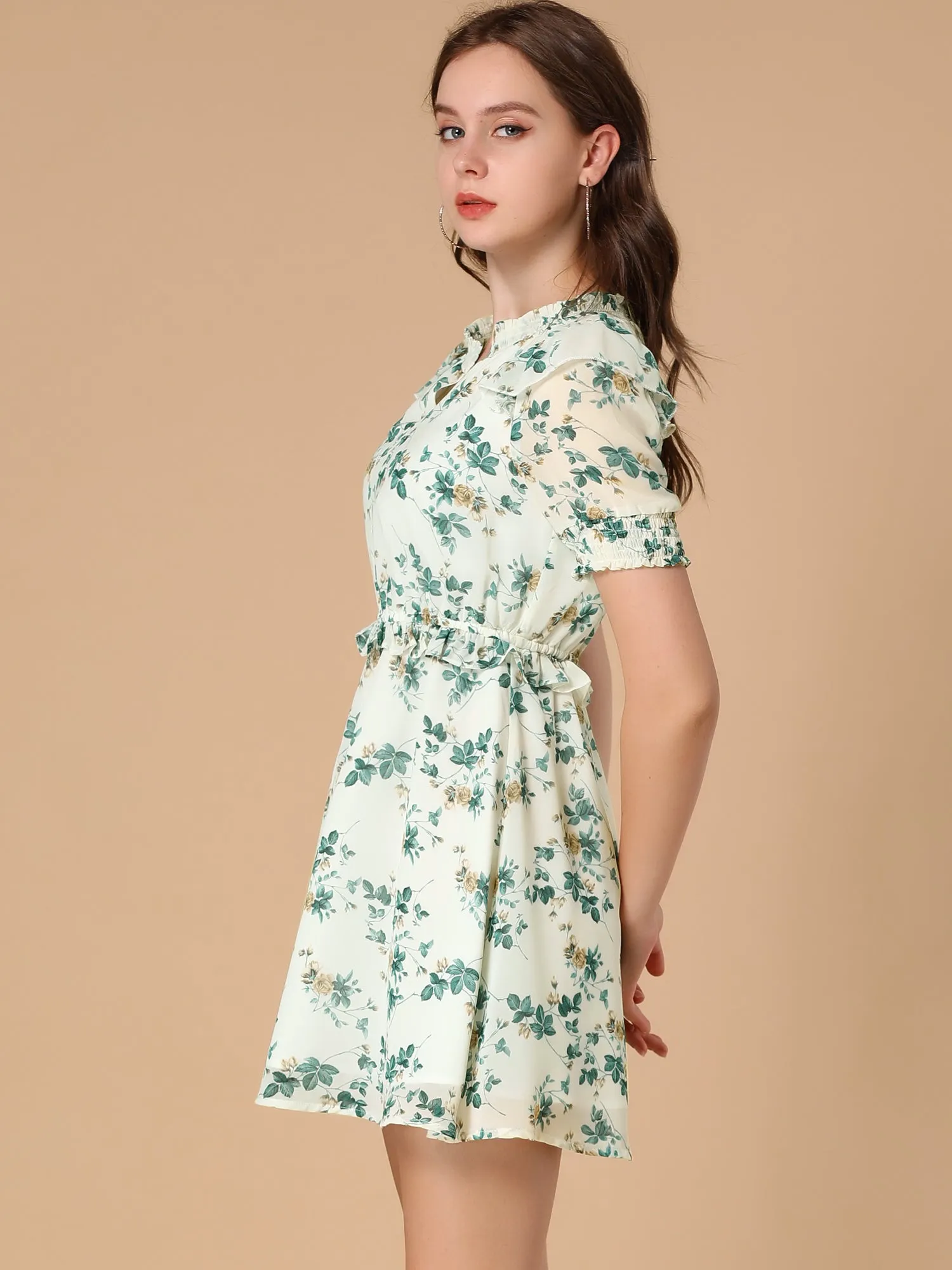 Smocked V Neck Short Sleeve Ruffle Elastic Waist Mini Floral Dress sold by Allegra K product image thumbnail 3