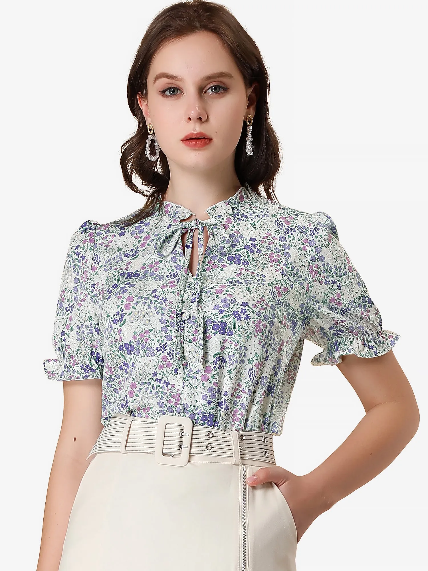 Ruffle Self Tie Neck Puff Short Sleeve Work Floral Blouse sold by Allegra K