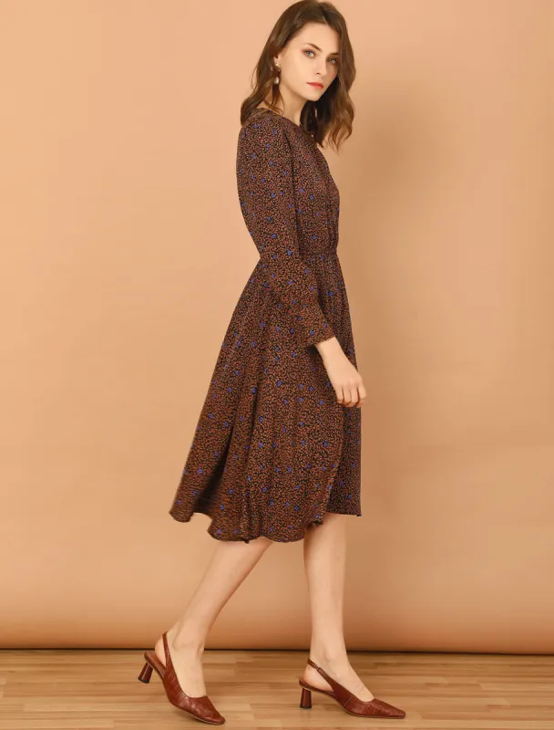 Puff Long Sleeve Fit and Flare Round Neck Floral Dress sold by Allegra K