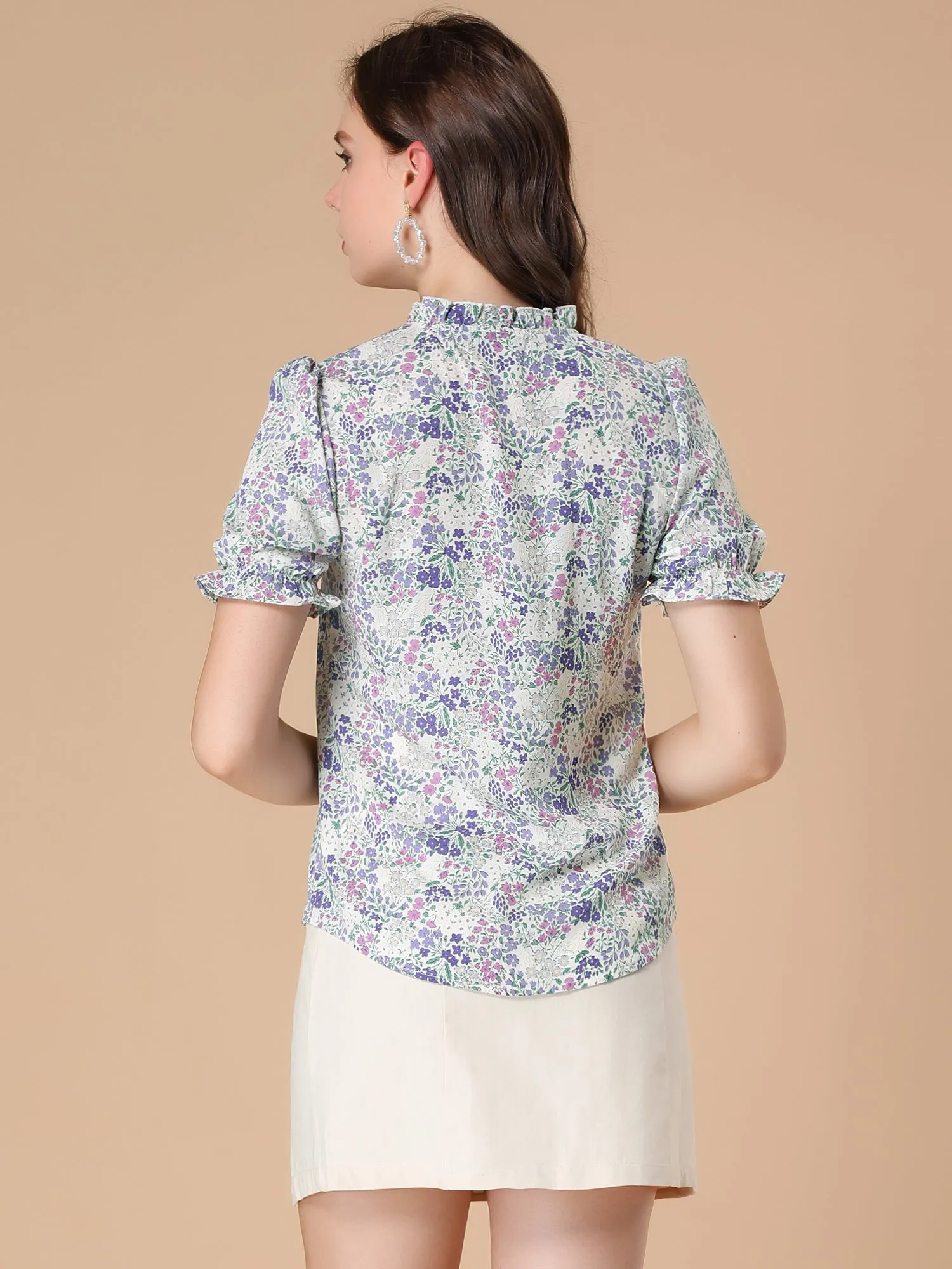 Ruffle Self Tie Neck Puff Short Sleeve Work Floral Blouse sold by Allegra K product image thumbnail 5