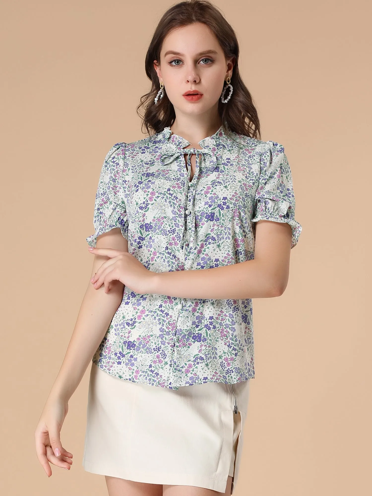 Ruffle Self Tie Neck Puff Short Sleeve Work Floral Blouse sold by Allegra K product image thumbnail 3