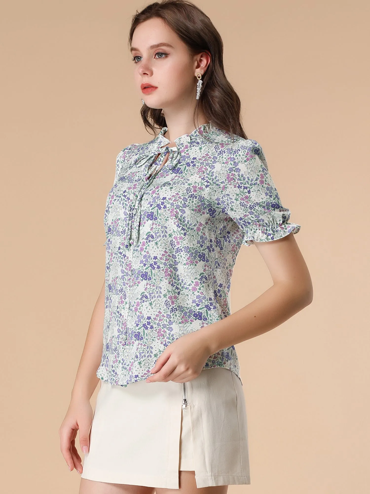 Ruffle Self Tie Neck Puff Short Sleeve Work Floral Blouse sold by Allegra K product image thumbnail 4