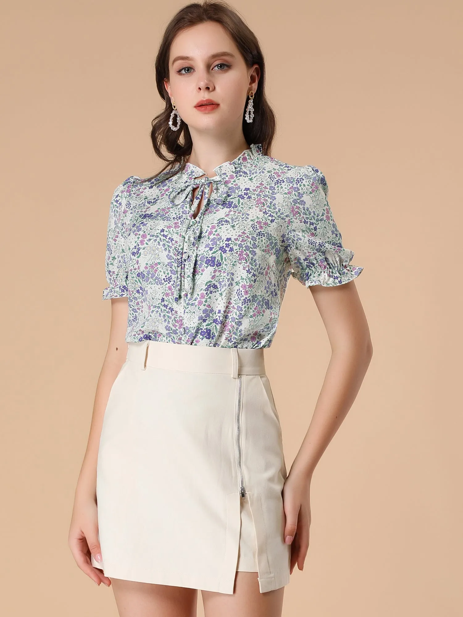 Ruffle Self Tie Neck Puff Short Sleeve Work Floral Blouse sold by Allegra K product image thumbnail 2