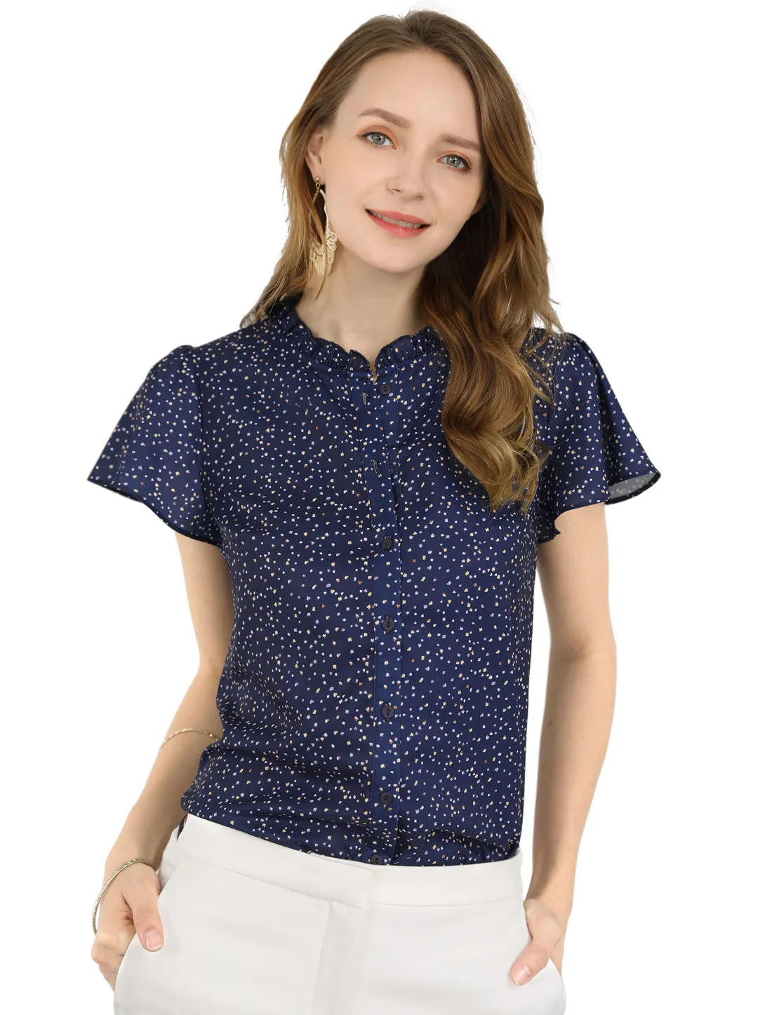 Ruffle Summer Dots Print Retro Short Sleeve Button Blouse sold by Allegra K product image thumbnail 5