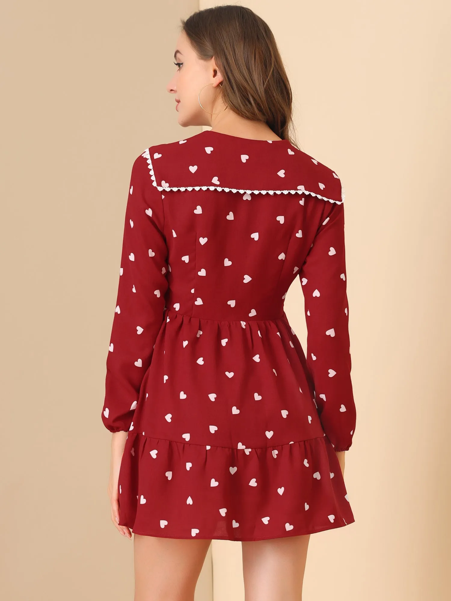 Cute Heart Print Long Sleeve Peter Pan Collar Ruffle Hem Mini Dress sold by Allegra K product image thumbnail 3