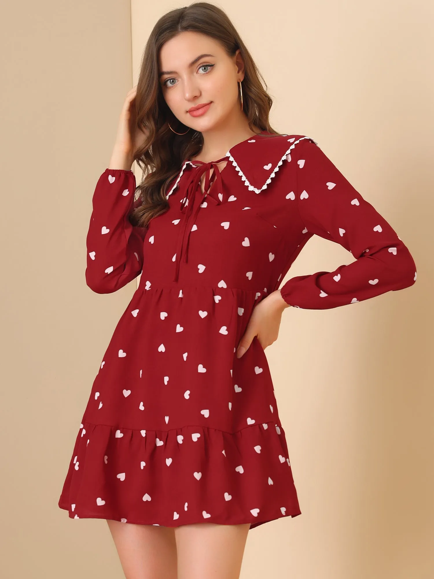 Cute Heart Print Long Sleeve Peter Pan Collar Ruffle Hem Mini Dress sold by Allegra K product image thumbnail 4