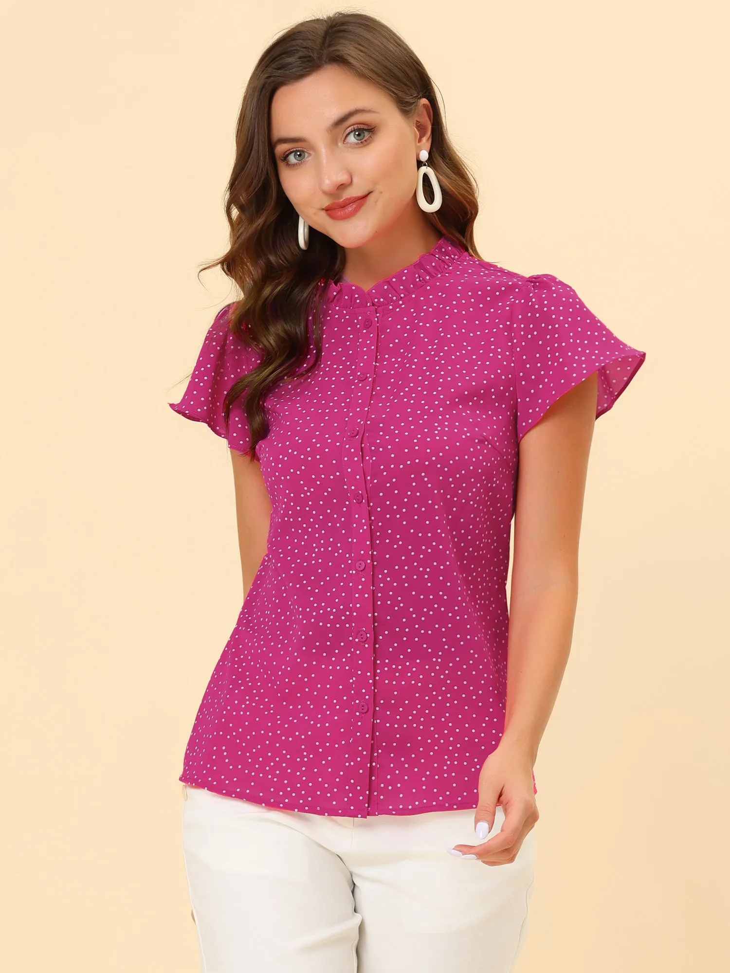 Ruffle Summer Dots Print Retro Short Sleeve Button Blouse sold by Allegra K