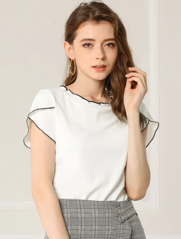 Summer Tulip Sleeve Round Neck Classic Knit Shirt Top Blouse sold by Allegra K