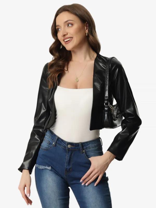 Cropped Jacket Faux PU Leather Long Sleeve Coat sold by Allegra K
