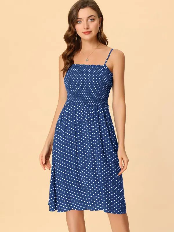 Bohemian Smocked Belted Spaghetti Strap Polka Dot Midi Dress Sundress sold by Allegra K