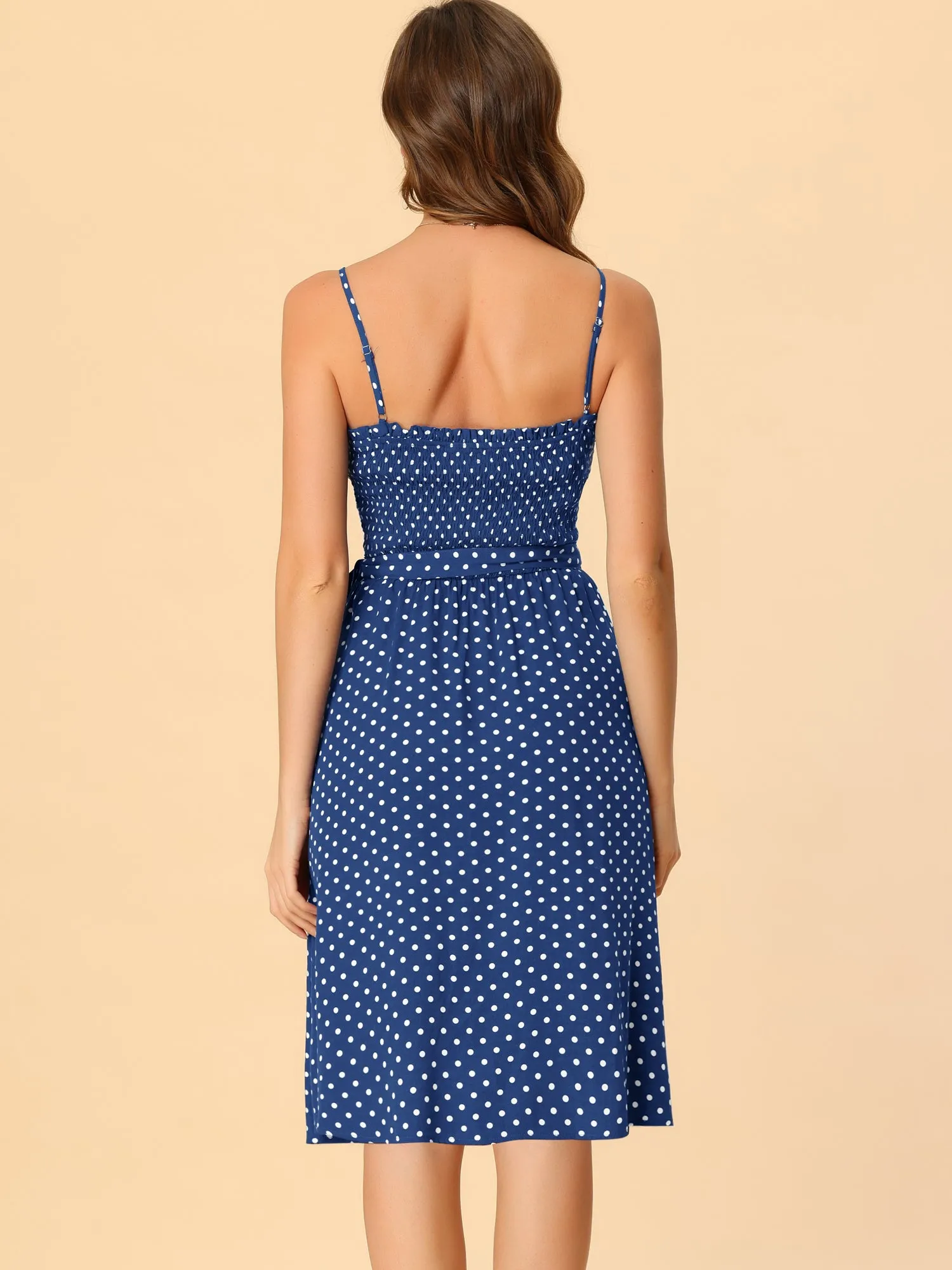 Bohemian Smocked Belted Spaghetti Strap Polka Dot Midi Dress Sundress sold by Allegra K product image thumbnail 3