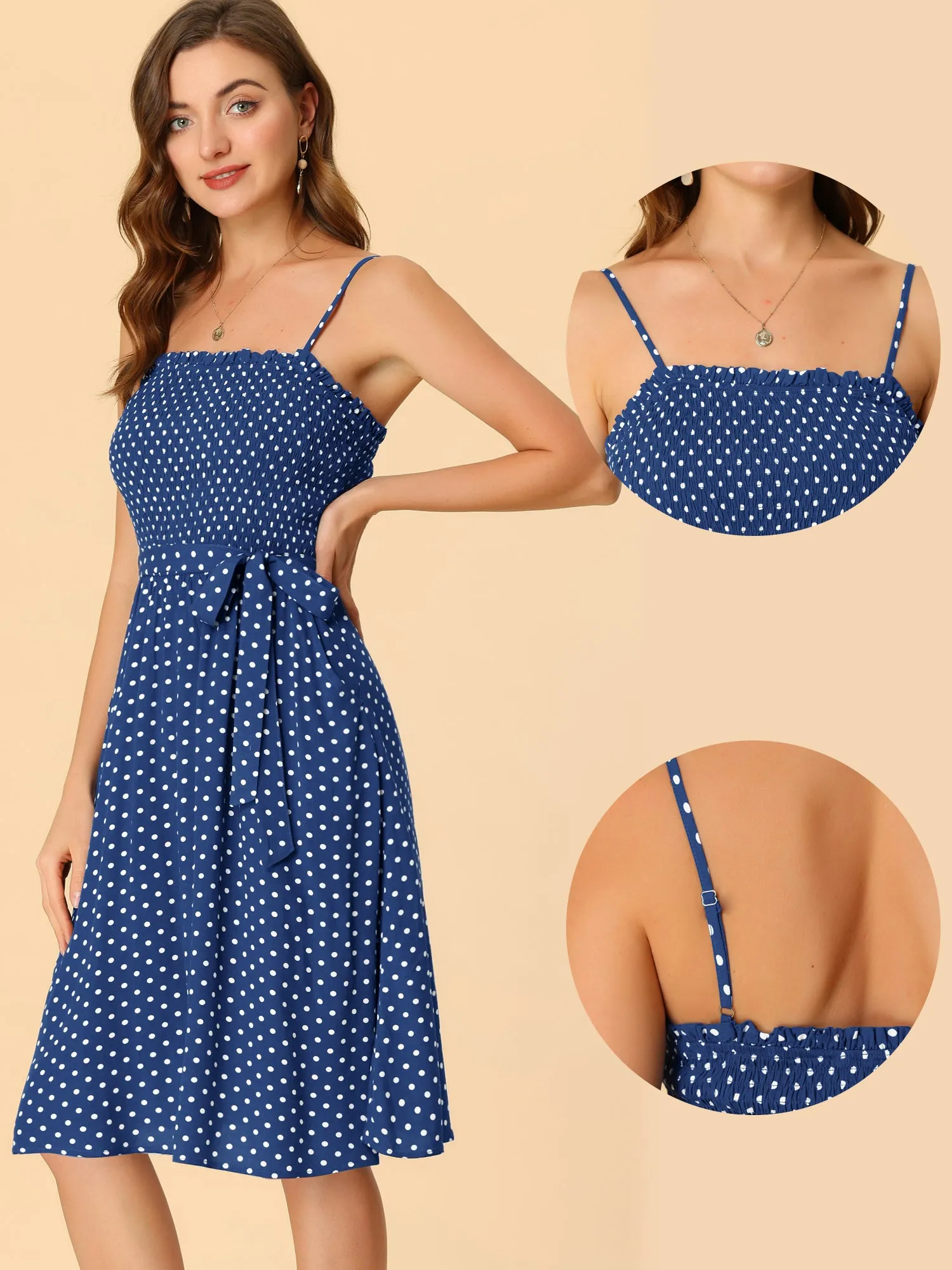 Bohemian Smocked Belted Spaghetti Strap Polka Dot Midi Dress Sundress sold by Allegra K product image thumbnail 2