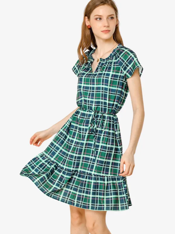 Plaid Tie Waist Belted Keyhole Short Sleeve Ruffle Neck Dress sold by Allegra K