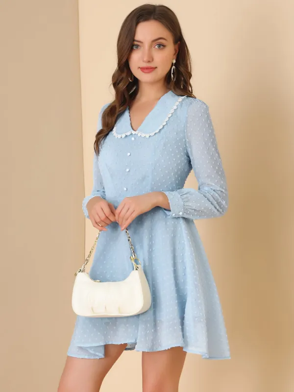 Peter Pan Collar Crochet Trim Long Sleeve Swiss Dots Retro Mini Dress sold by Allegra K