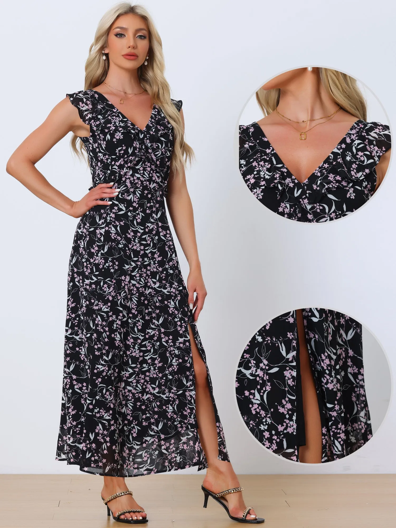 Summer Casual Sundress Spaghetti Strap V Neck Flowy Midi Dress sold by Allegra K product image thumbnail 2