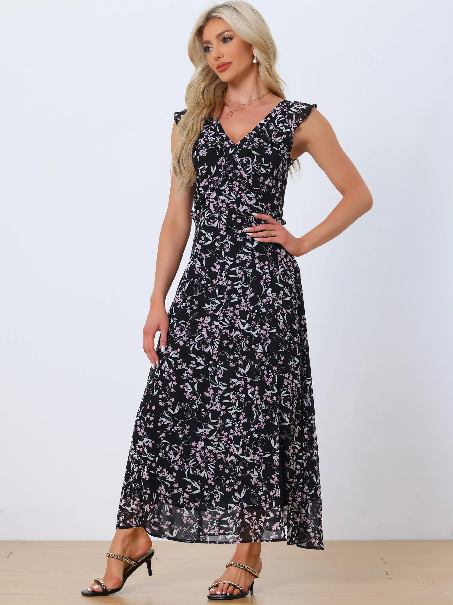 Summer Casual Sundress Spaghetti Strap V Neck Flowy Midi Dress sold by Allegra K