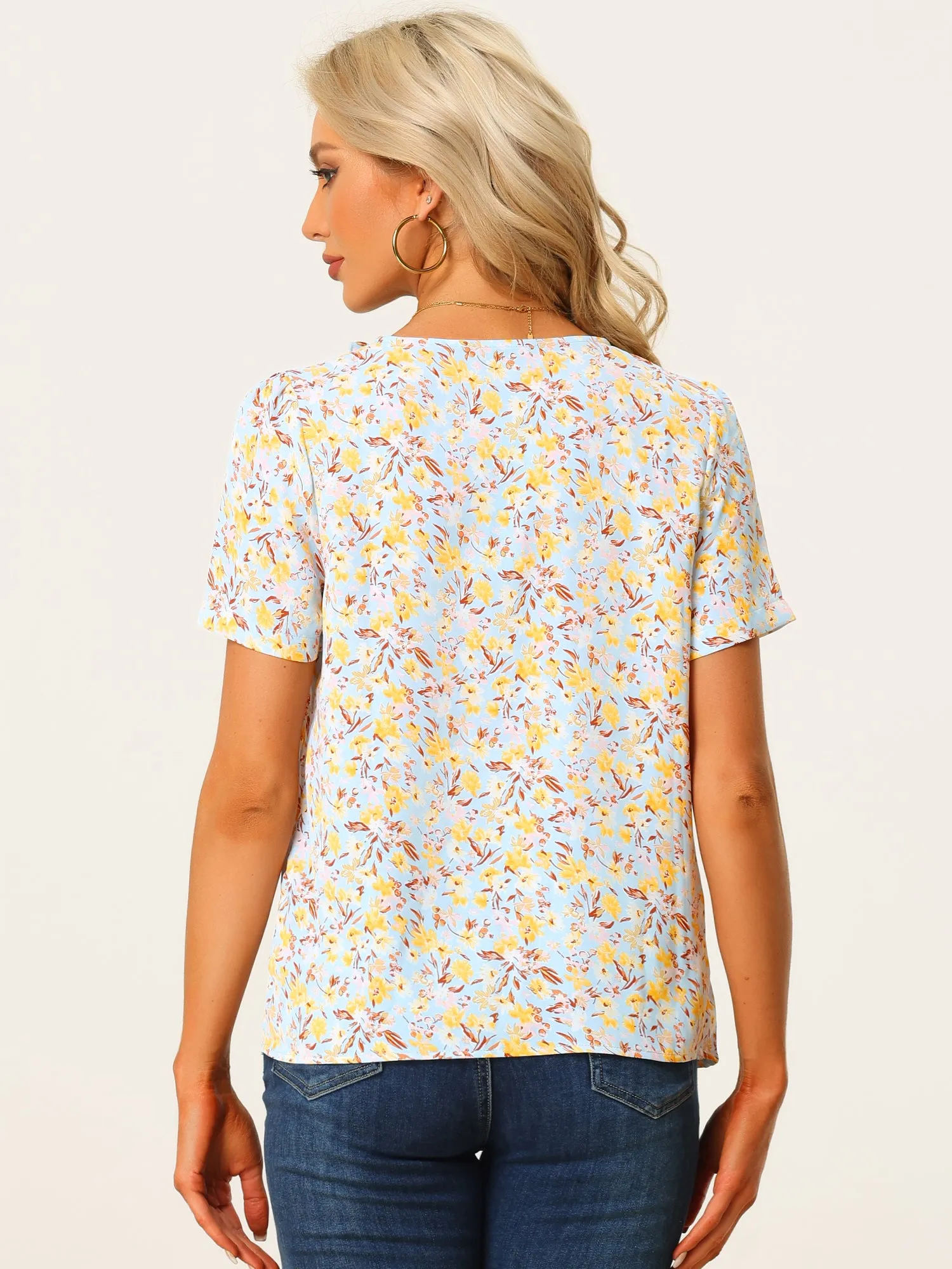 Summer Floral Short Sleeve V Neck Ruffle Trim Peasant Blouse sold by Allegra K product image thumbnail 3