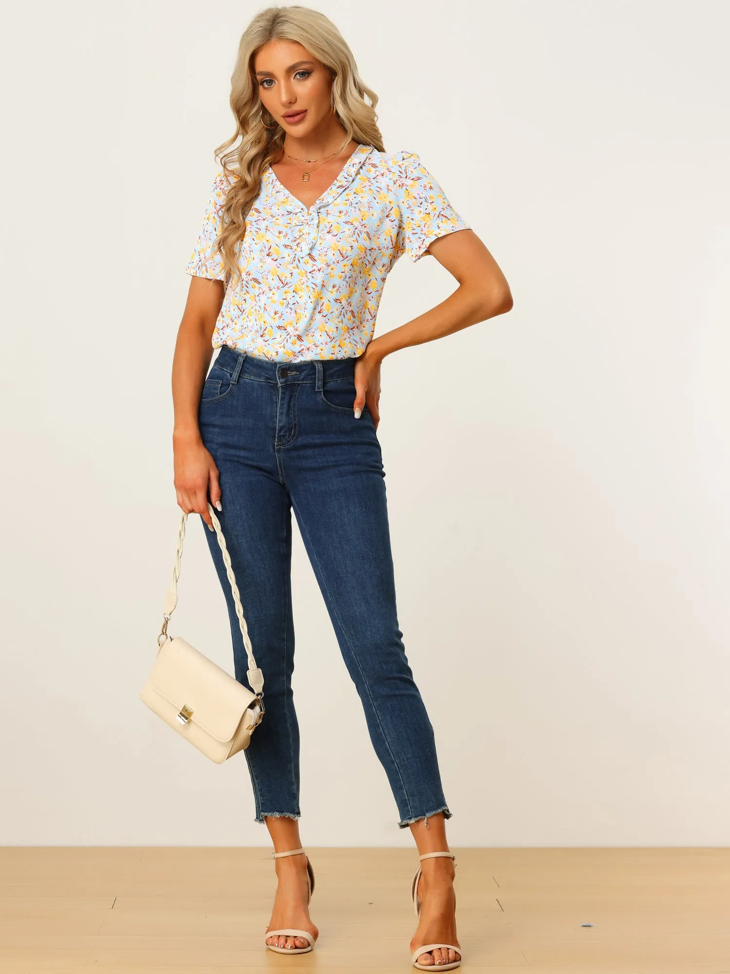 Summer Floral Short Sleeve V Neck Ruffle Trim Peasant Blouse sold by Allegra K product image thumbnail 4