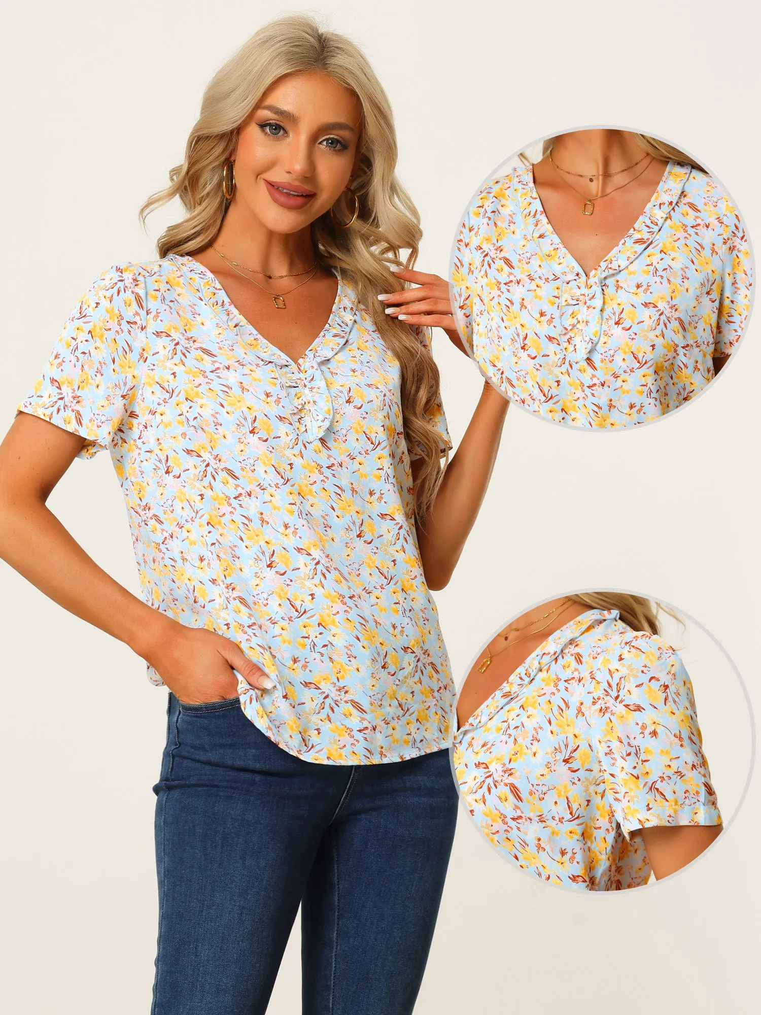 Summer Floral Short Sleeve V Neck Ruffle Trim Peasant Blouse sold by Allegra K product image thumbnail 2