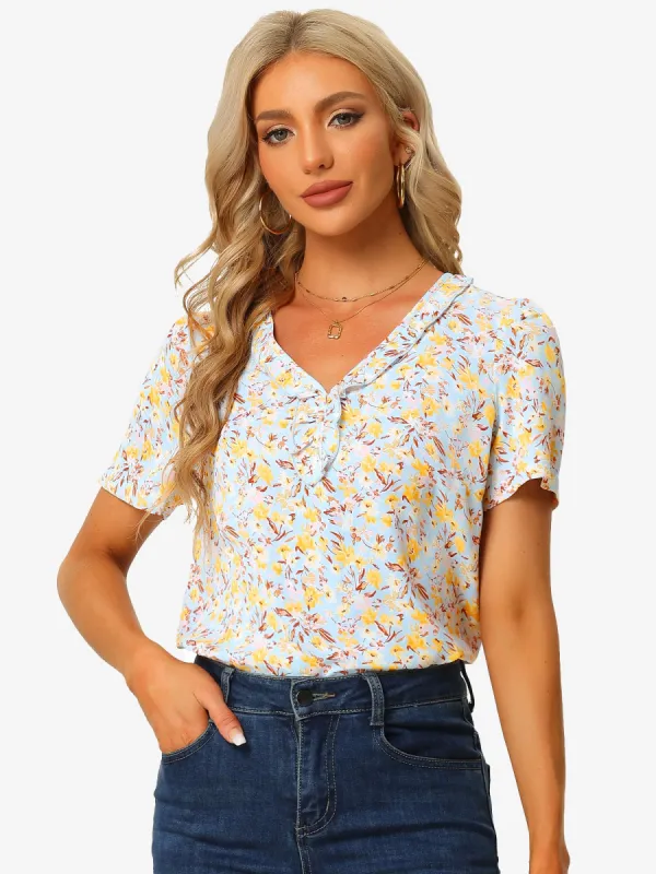 Summer Floral Short Sleeve V Neck Ruffle Trim Peasant Blouse sold by Allegra K