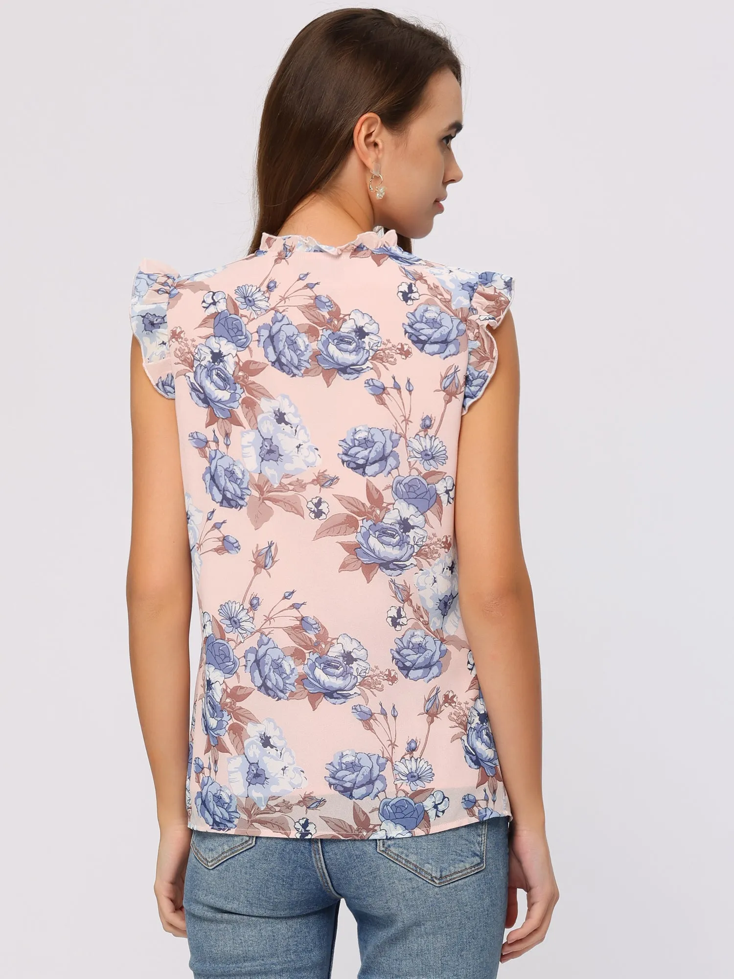 Summer Sleeveless Ruffle Neckline Floral Blouse Tank Top sold by Allegra K product image thumbnail 3