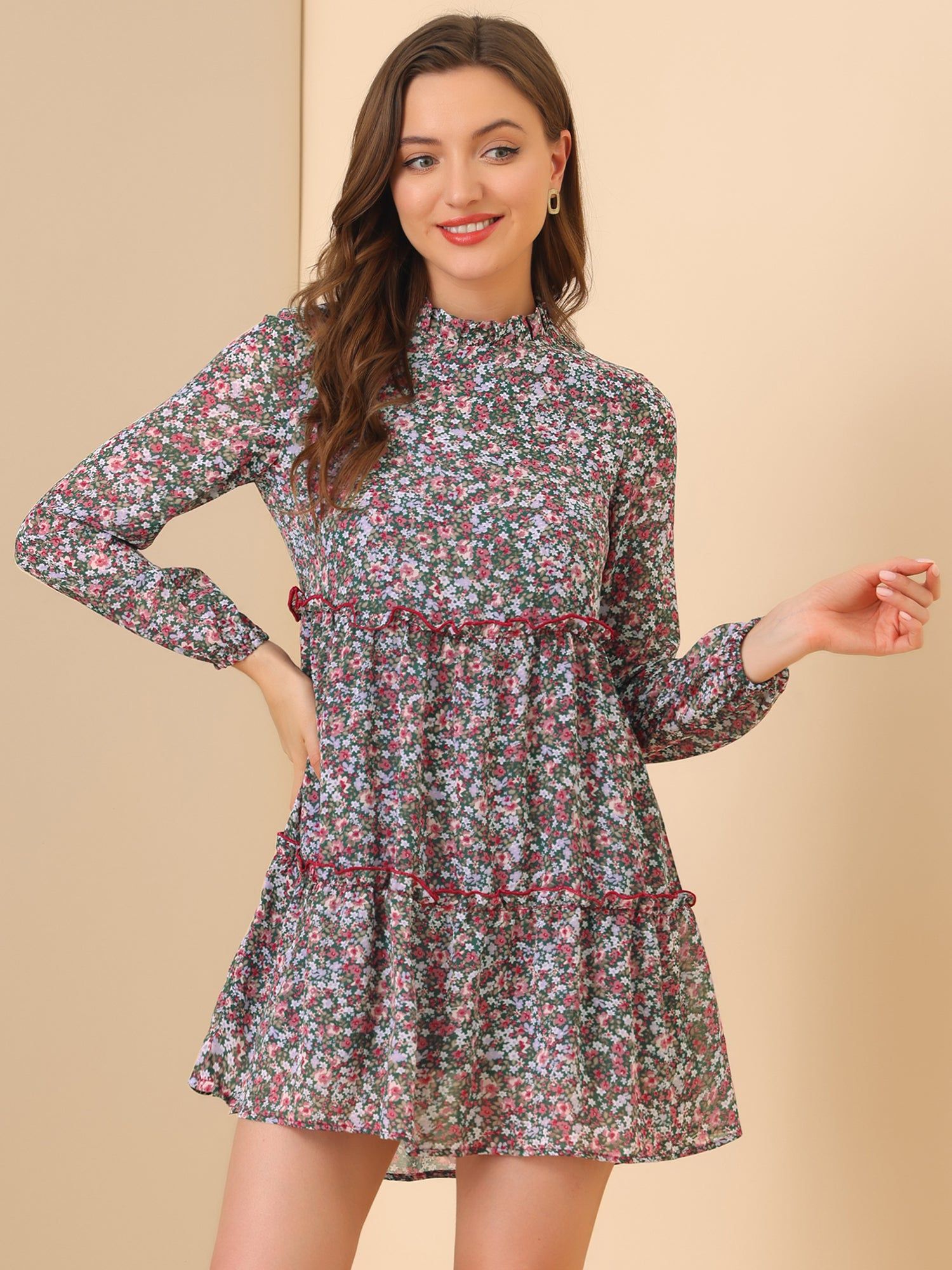 Floral Ruffle Neck Long Sleeve Flowy Chiffon Babydoll Mini Dress sold by Allegra K product image thumbnail 3
