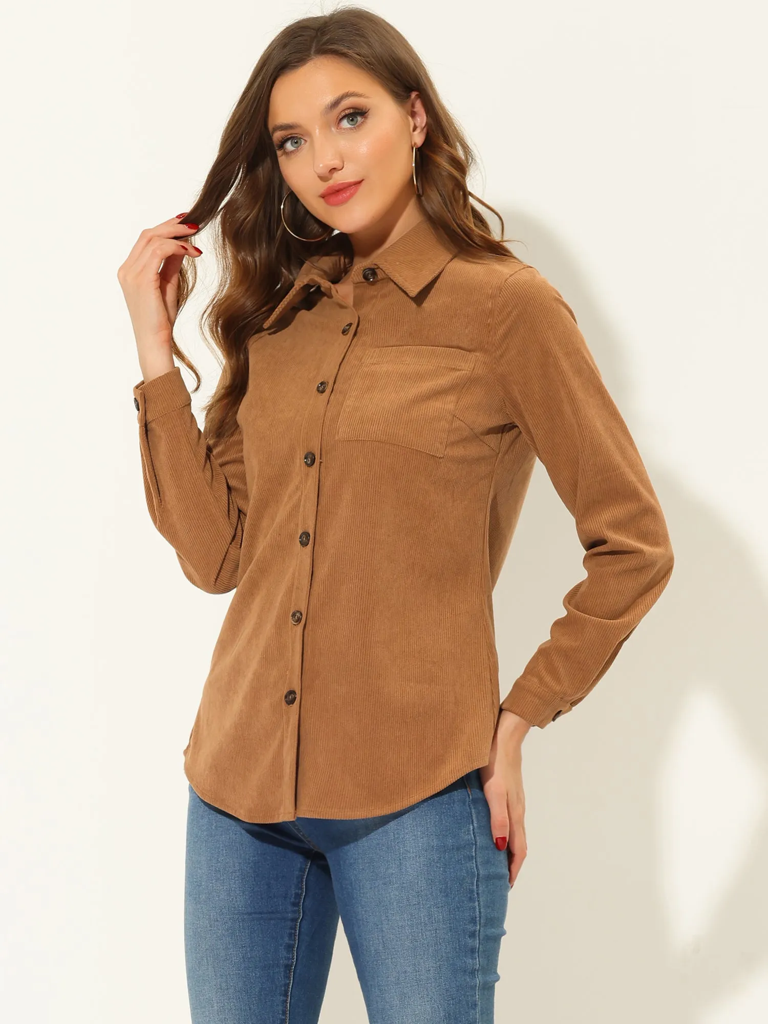 Corduroy Button Down Pocket Shirt Long Sleeve Oversized Blouse sold by Allegra K