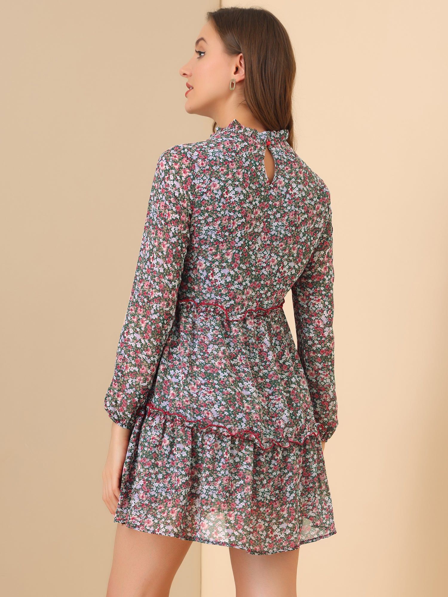 Floral Ruffle Neck Long Sleeve Flowy Chiffon Babydoll Mini Dress sold by Allegra K product image thumbnail 4