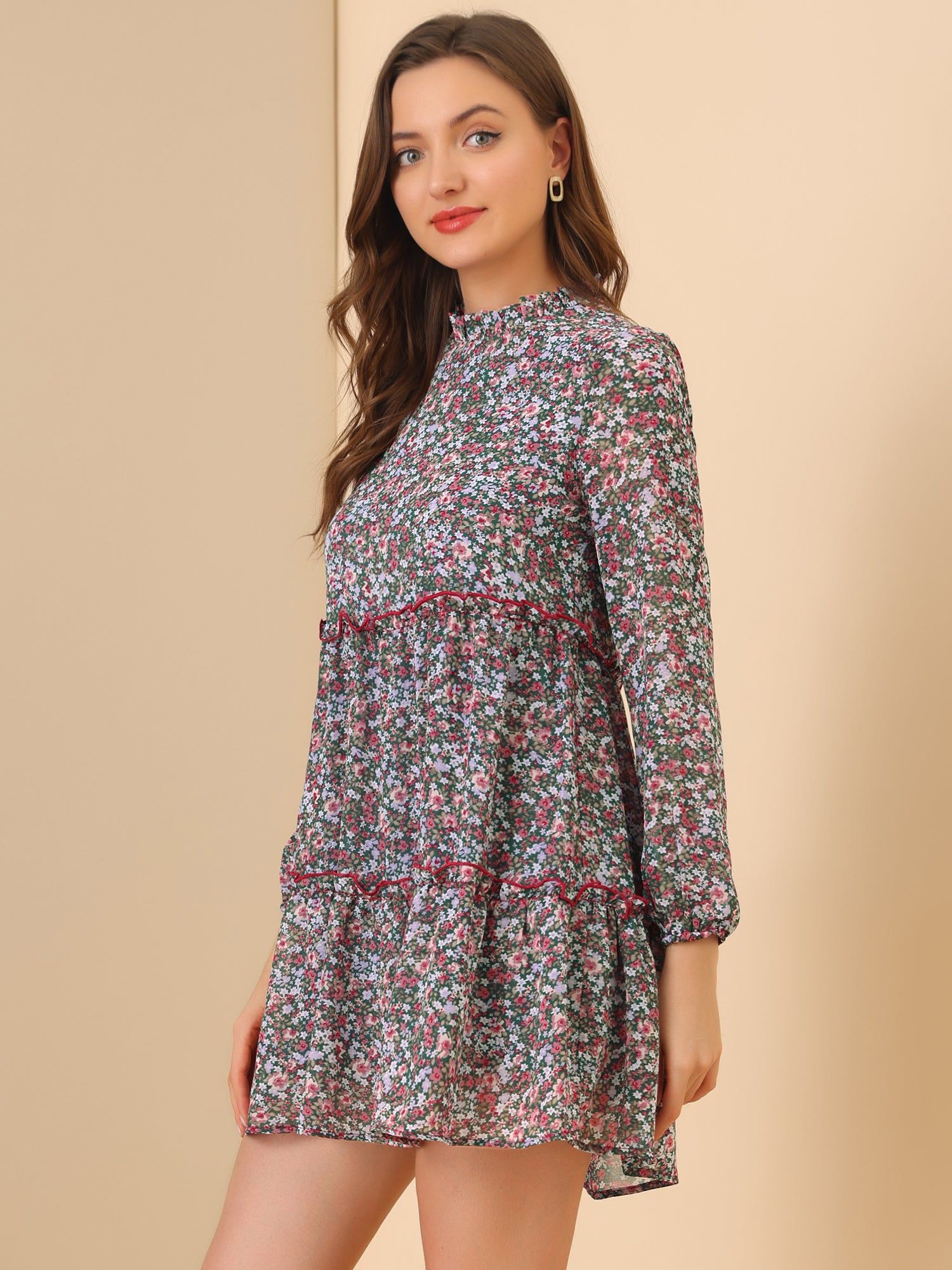 Floral Ruffle Neck Long Sleeve Flowy Chiffon Babydoll Mini Dress sold by Allegra K