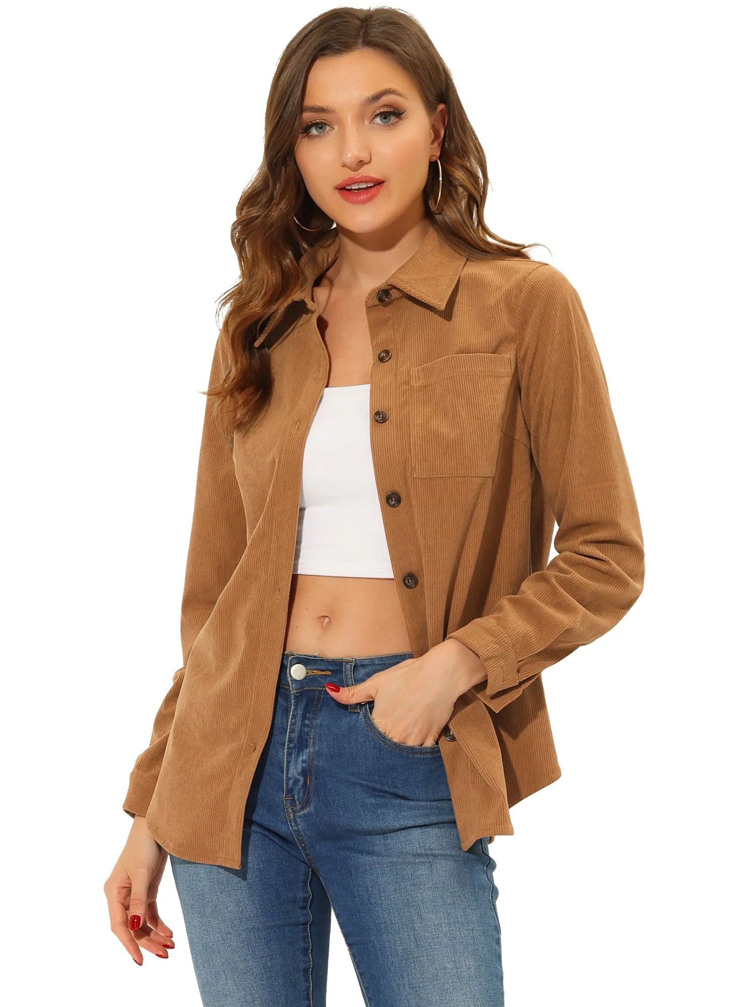 Corduroy Button Down Pocket Shirt Long Sleeve Oversized Blouse sold by Allegra K product image thumbnail 2