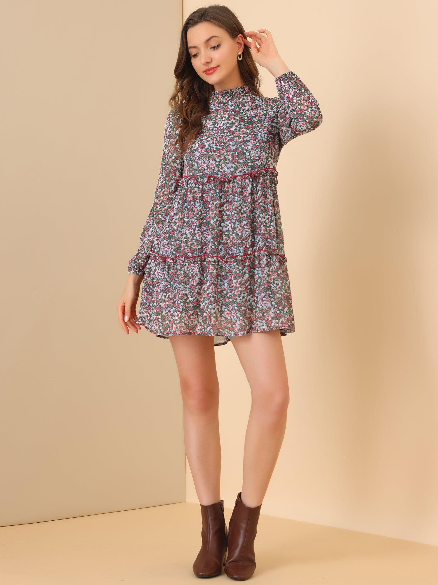 Floral Ruffle Neck Long Sleeve Flowy Chiffon Babydoll Mini Dress sold by Allegra K product image thumbnail 2