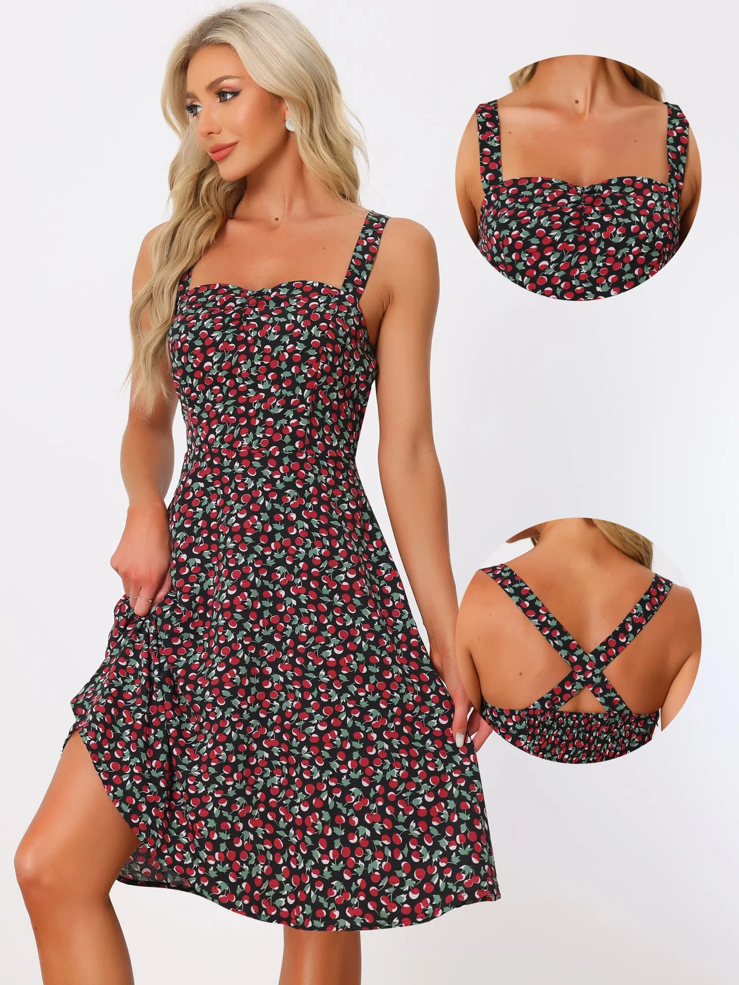 Sleeveless Sweetheart Neck Cherry Print A-Line Midi Dress Sundress sold by Allegra K product image thumbnail 2