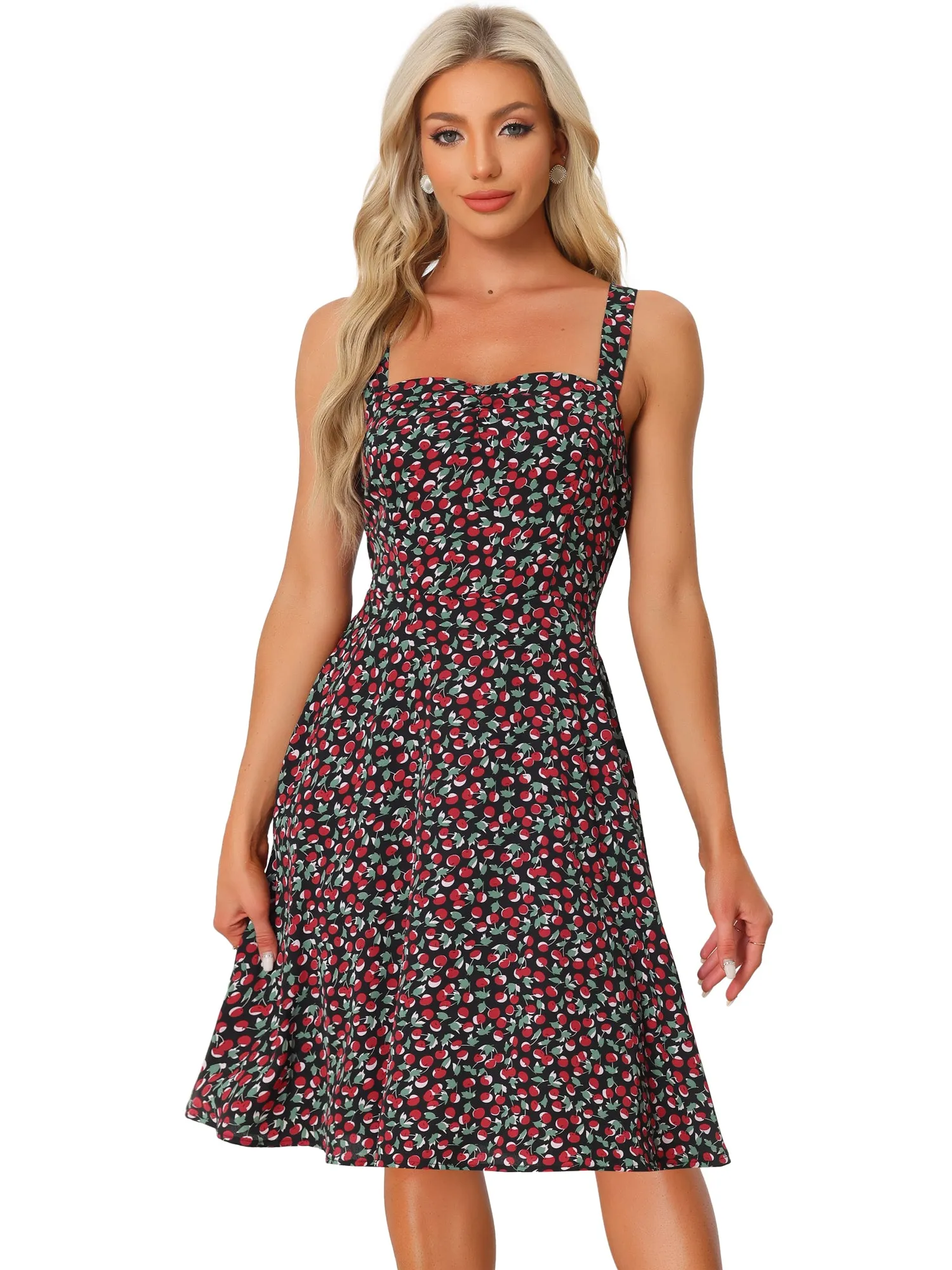 Sleeveless Sweetheart Neck Cherry Print A-Line Midi Dress Sundress sold by Allegra K product image thumbnail 4