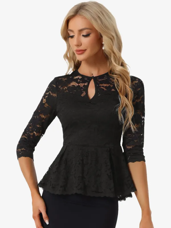 Lace Elegant Solid Color Sheer 3/4 Sleeve Peplum Blouse sold by Allegra K