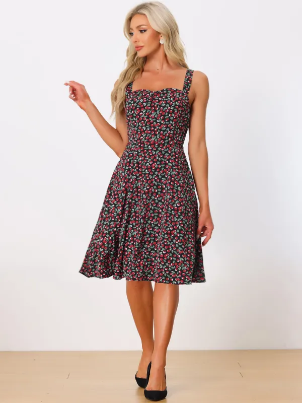 Sleeveless Sweetheart Neck Cherry Print A-Line Midi Dress Sundress sold by Allegra K
