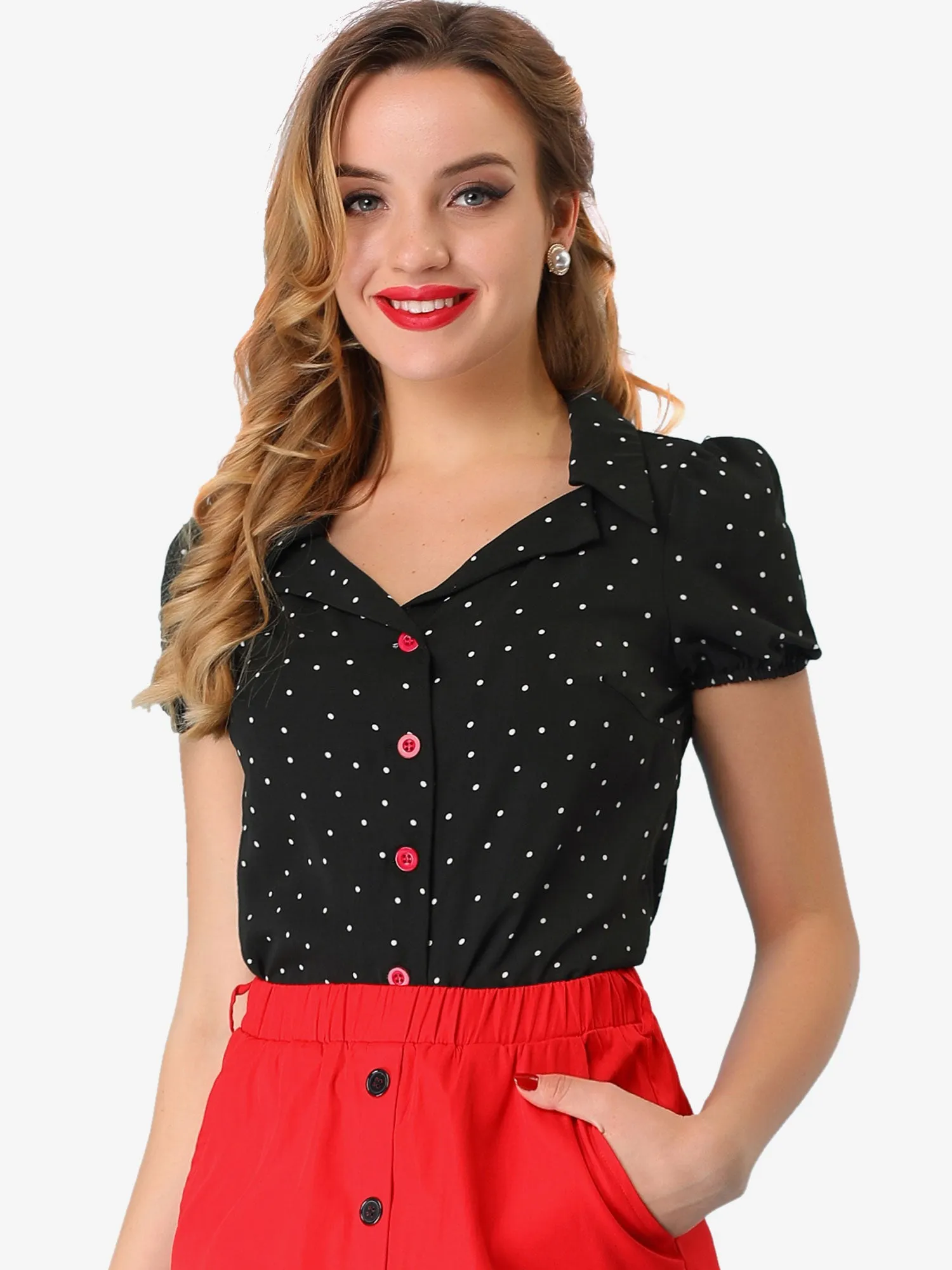Polka Dots Bubble Sleeve Button Up Peter Pan Collar Blouse sold by Allegra K