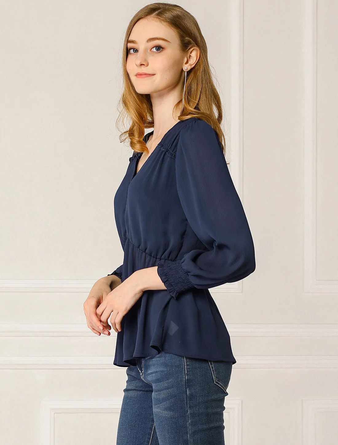 Long Sleeve Smocked Blouse Ruffle Peplum Top sold by Allegra K product image thumbnail 4