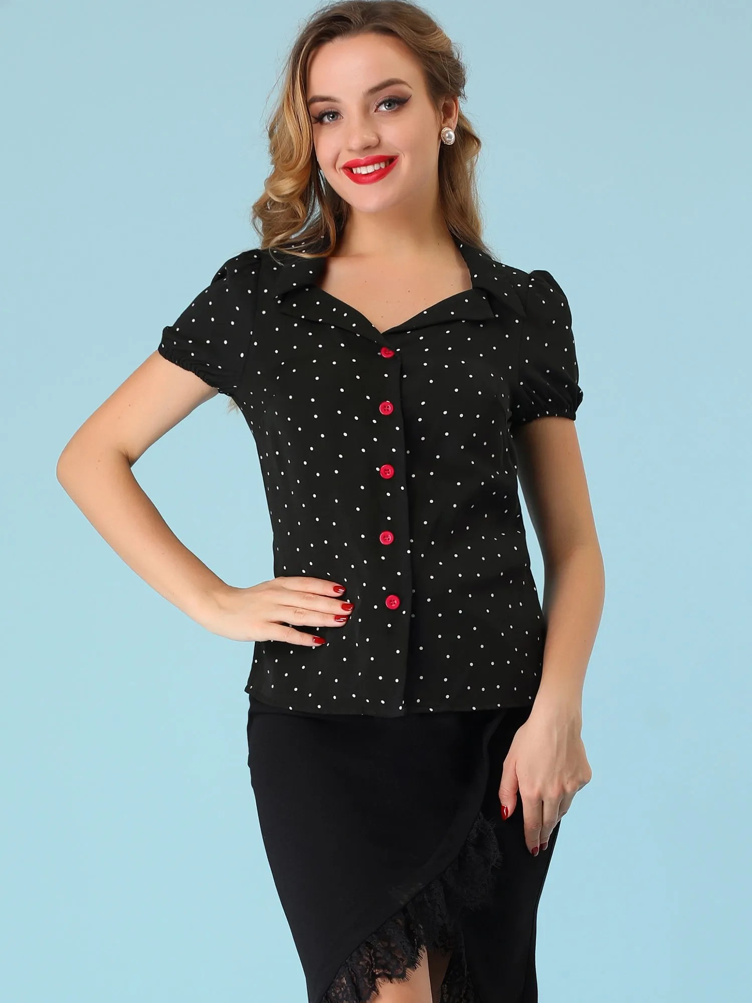 Polka Dots Bubble Sleeve Button Up Peter Pan Collar Blouse sold by Allegra K product image thumbnail 4