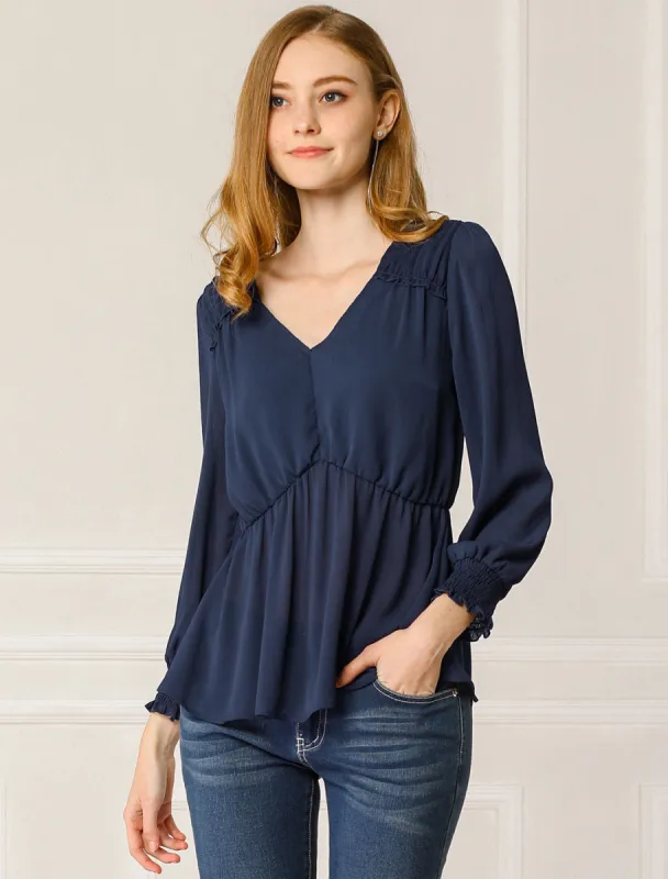 Long Sleeve Smocked Blouse Ruffle Peplum Top sold by Allegra K