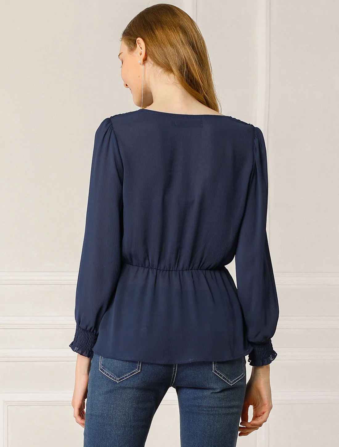 Long Sleeve Smocked Blouse Ruffle Peplum Top sold by Allegra K product image thumbnail 3