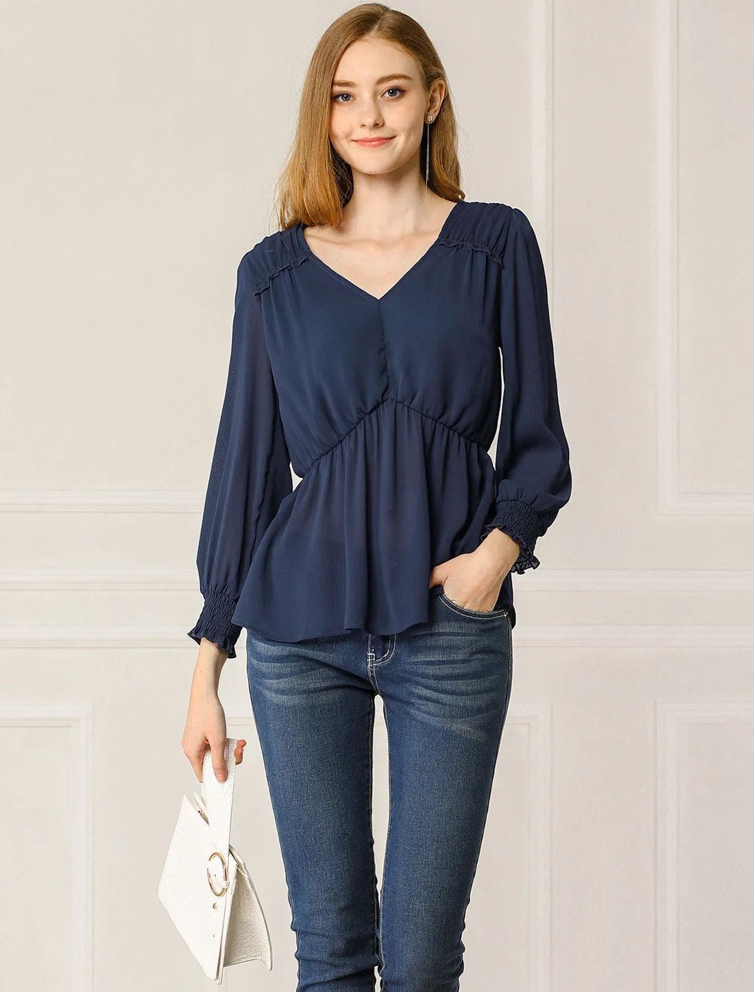 Long Sleeve Smocked Blouse Ruffle Peplum Top sold by Allegra K product image thumbnail 2