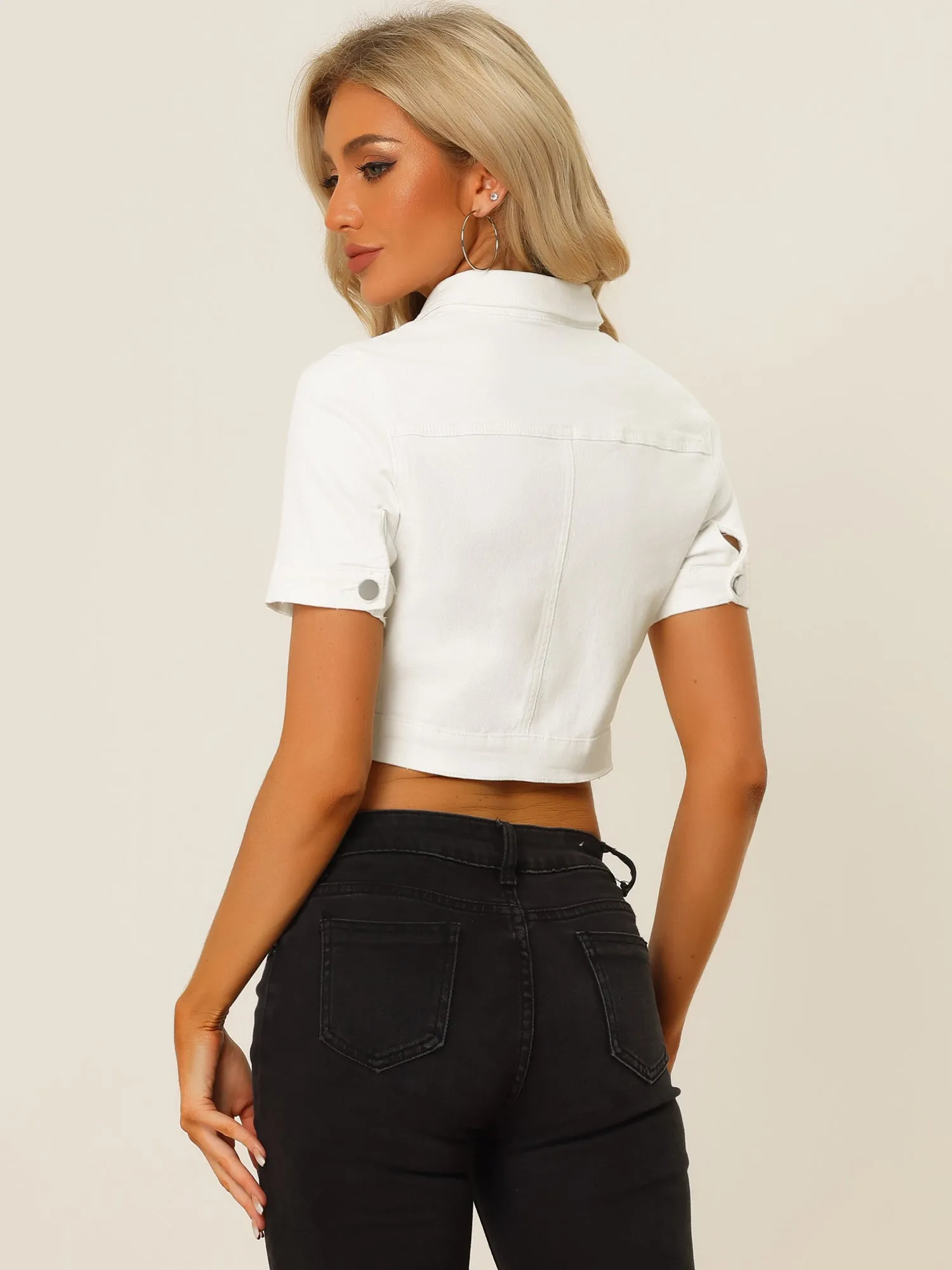 Casual Lapel Short Sleeve Crop Top Jean Denim Jacket sold by Allegra K product image thumbnail 2